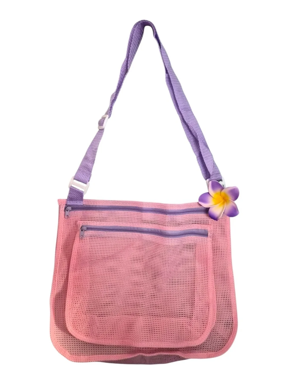 Hibiscus Hawaii Trucker Hat & Pink Purple Mesh Shoulder Beach Purse Bag Set